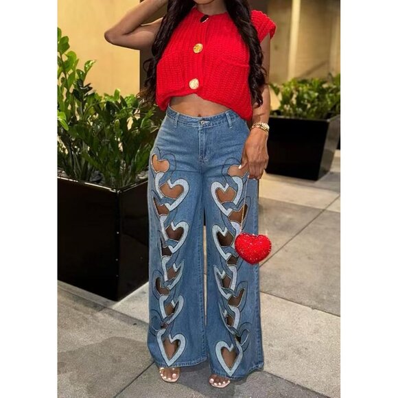 Womens Ripped Heart Cutout Baggy Jeans High Waisted Wide Leg Denim - Picture 5 of 6